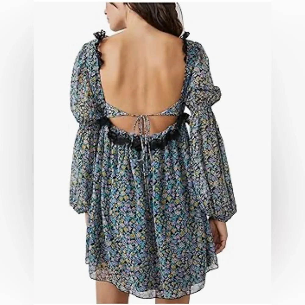 Free People Women’s Pennie Sheer Floral Long Sleeve Boho Mini Dress Size M